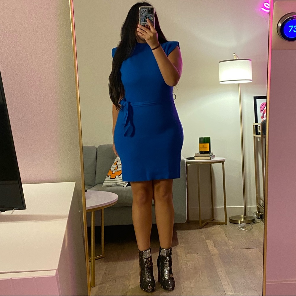 ✨24 HOUR SALE✨ Power Hour Electric Blue Sleeveless Belted Sweater Dress - Picture 11 of 12